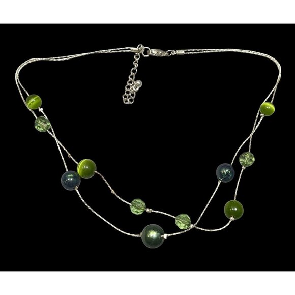 Whimsical Layered Green And Silver Tone Station Necklace - Picture 1 of 6